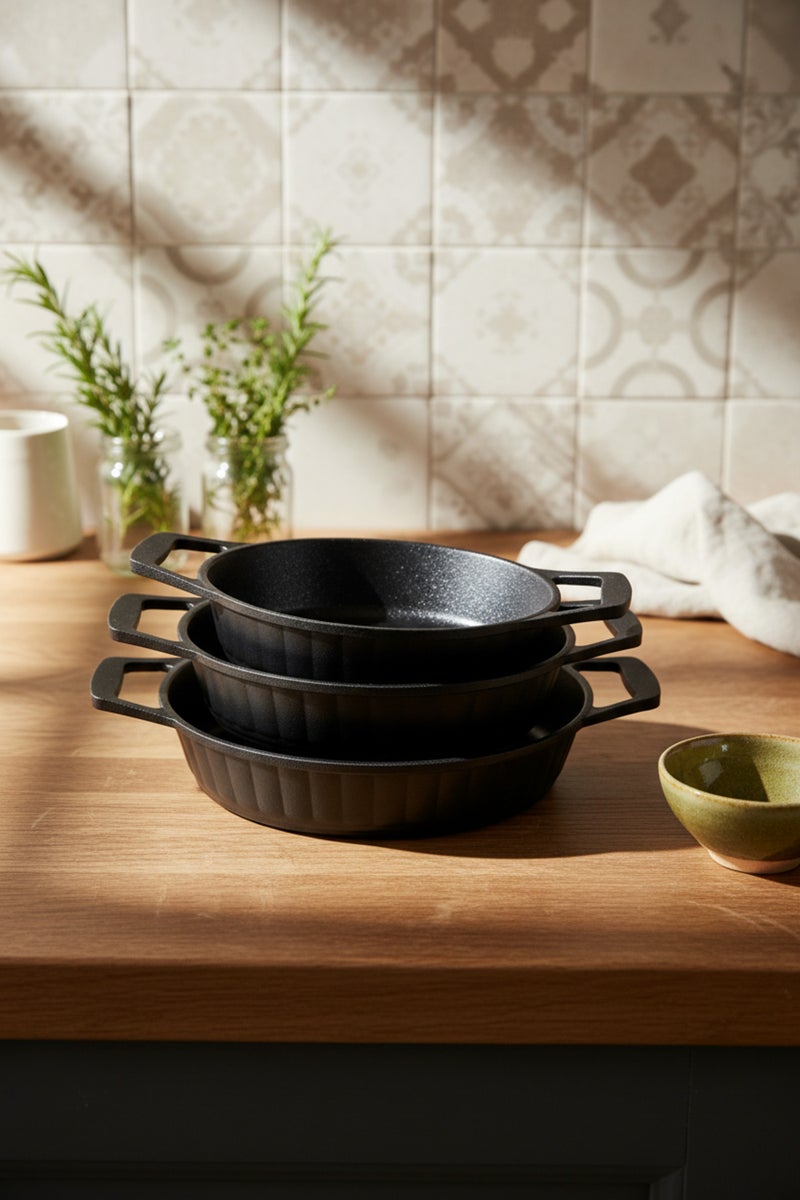 Bernardo Olimpos 3-Piece Cast Iron Pan Set Black (18-20-22 cm) (Made in Turkey) - Image 2